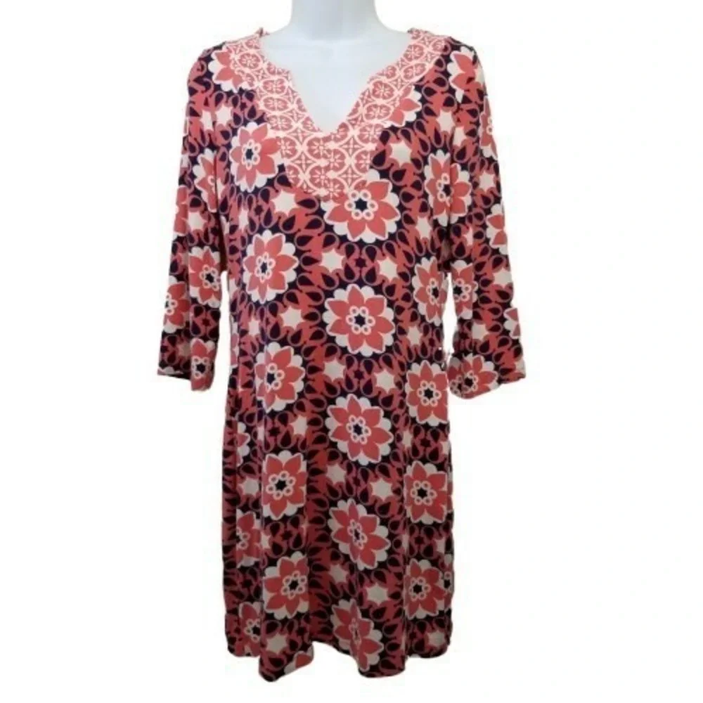 Boden 6 Dress Pink White Retro Floral Notch Collar‎ Stretch Jersey Coquette
